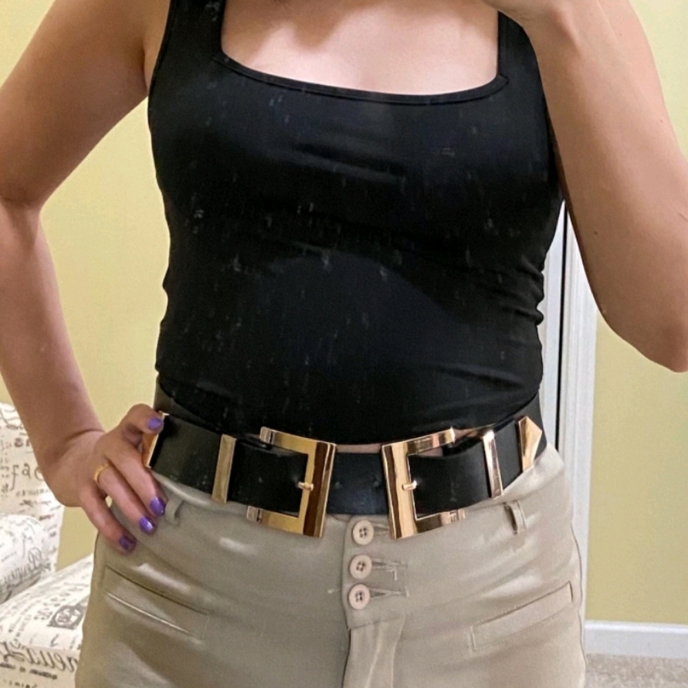 Gold Chunky double buckle Black vegan leather wide waist corset belt - Picture 14 of 16
